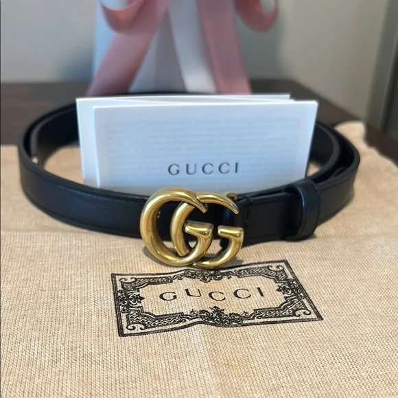 Gucci | Accessories | Gucci Black Belt With Gold Gg Emblem  display picture 3